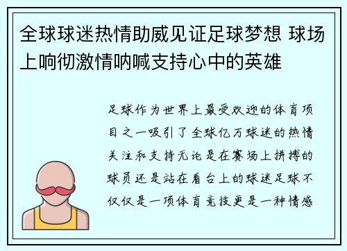 全球球迷热情助威见证足球梦想 球场上响彻激情呐喊支持心中的英雄